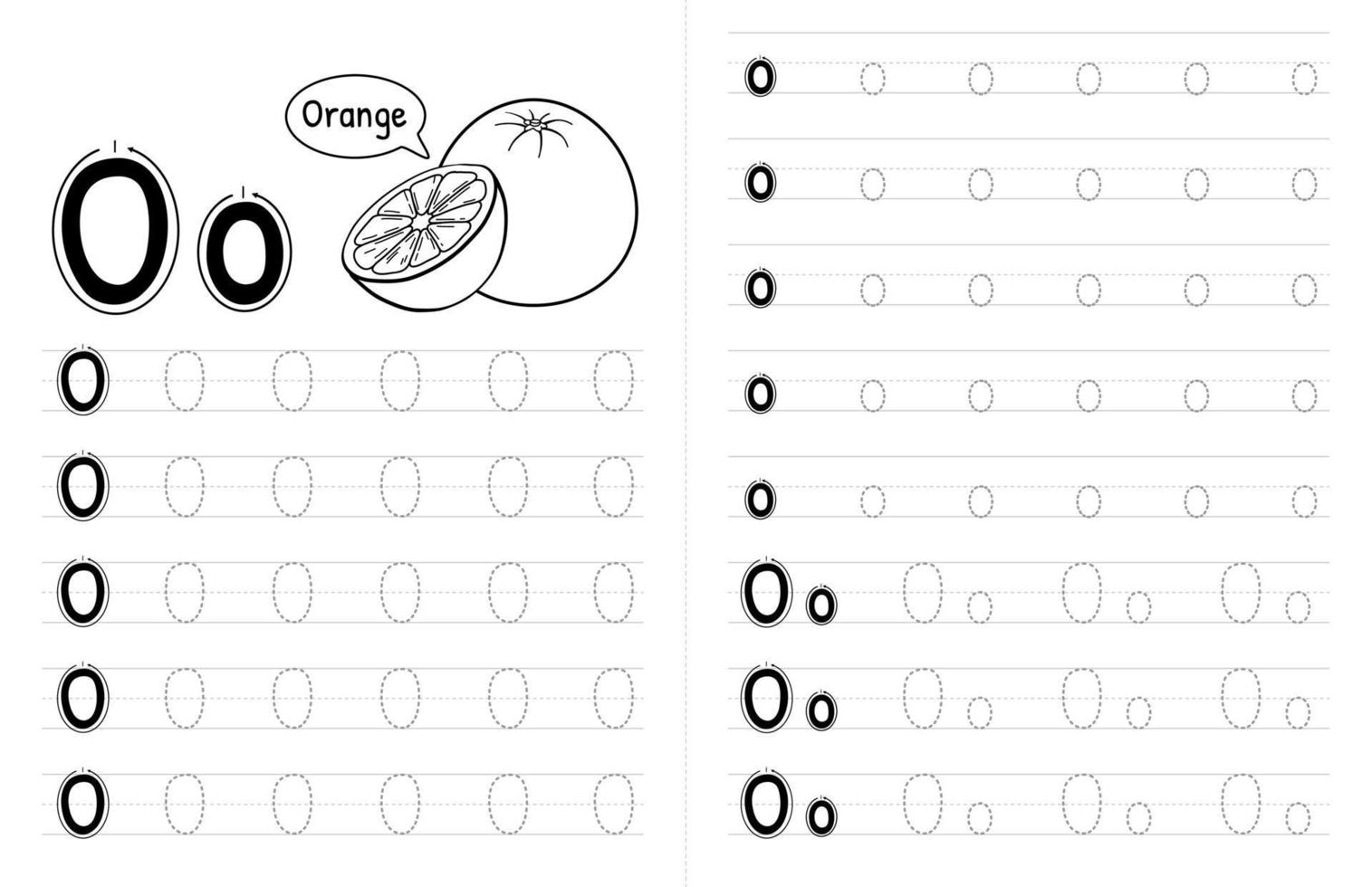 ABC Alphabets Tracing Book Interior For Kids. Children Writing Worksheet With Picture. Premium Vector Elements Letter O.