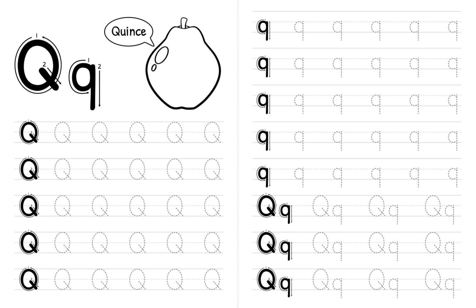 interior de libro de trazado de alfabetos abc para niños. niños escribiendo hoja de trabajo con imagen. elementos vectoriales premium letra q. vector