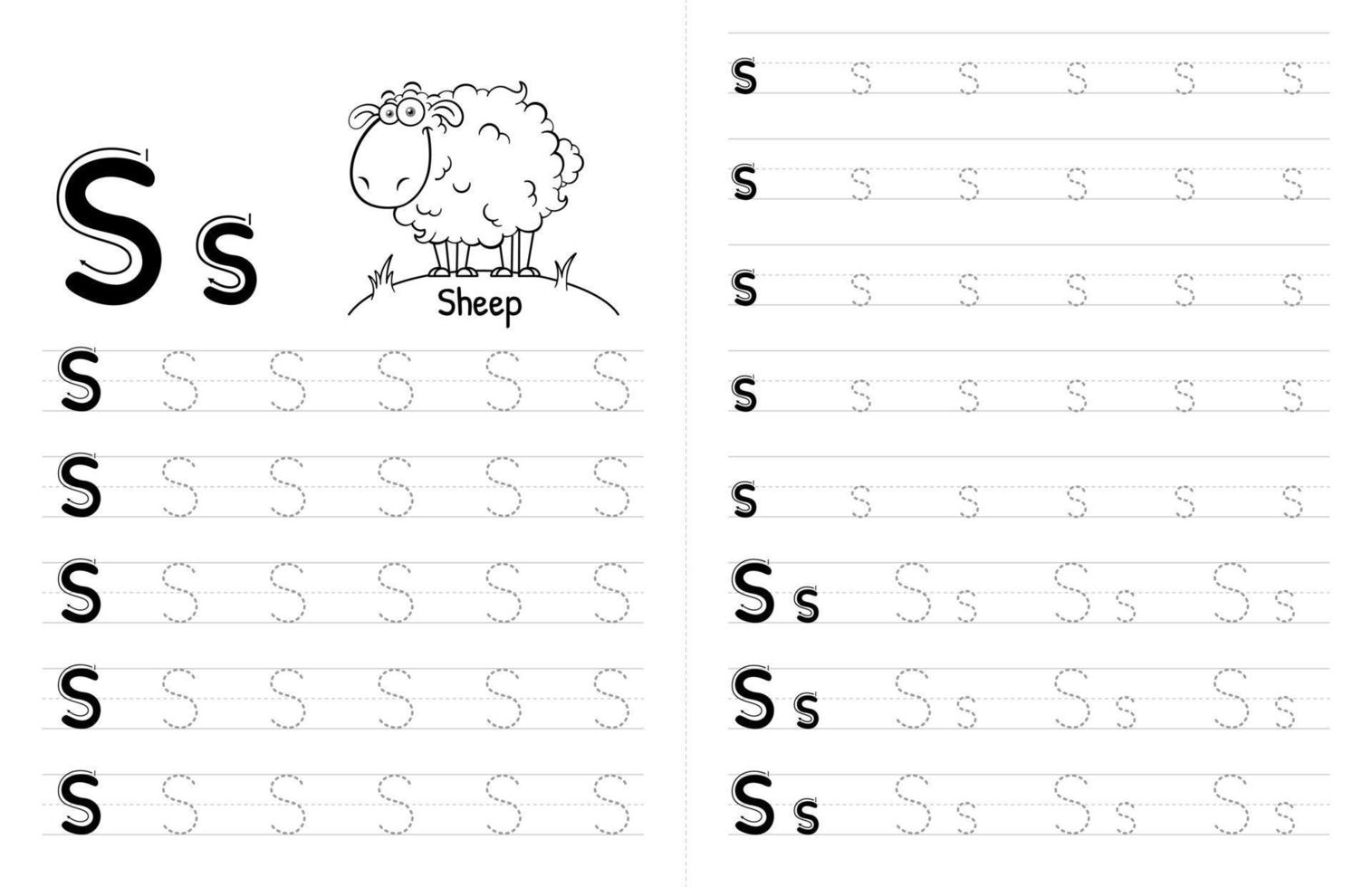 ABC Alphabets Tracing Book Interior For Kids. Children Writing Worksheet With Picture. Premium Vector Elements Letter S.