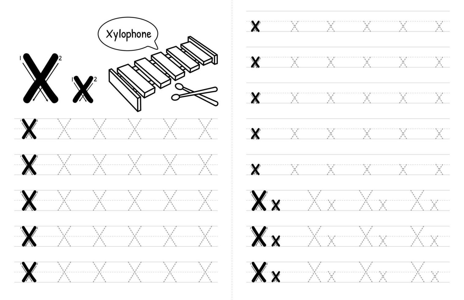 ABC Alphabets Tracing Book Interior For Kids. Children Writing Worksheet With Picture. Premium Vector Elements Letter X.