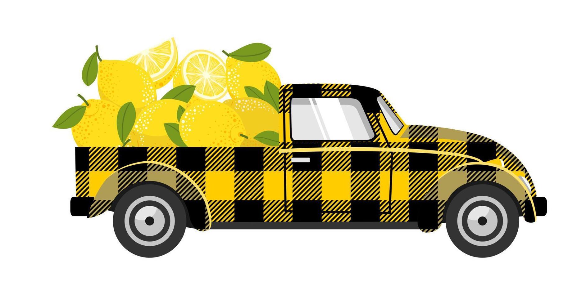 Checkered car with lemons. Delivery of lemon harvest. vector