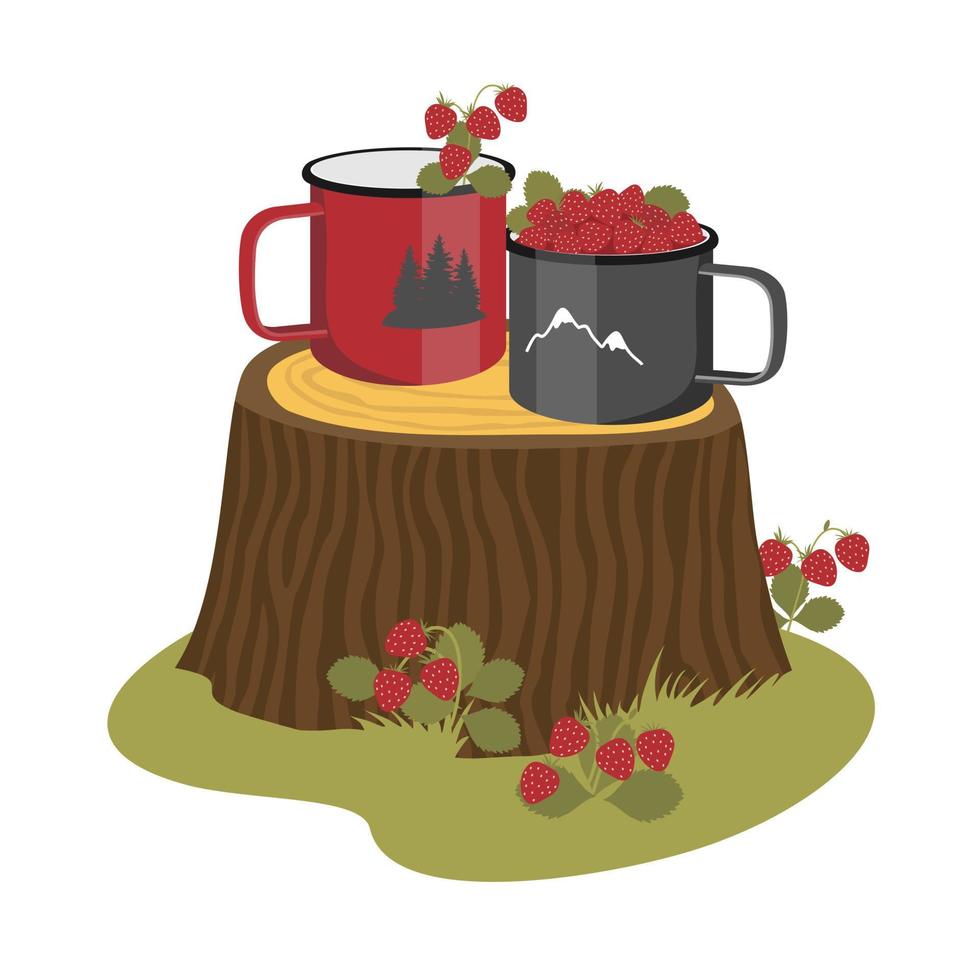 A basket of wild strawberries on the edge of the forest. Camping mugs I'm a berry on a stump. Forest landscape. vector