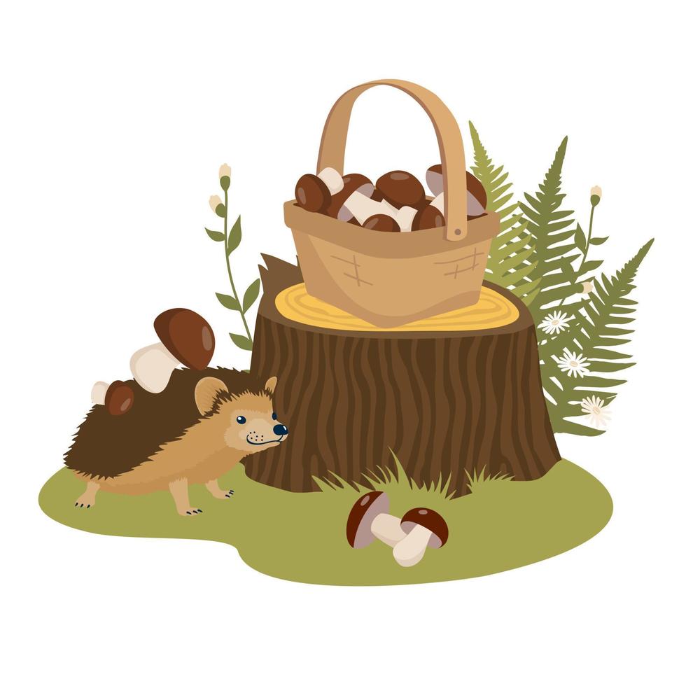 Hedgehog with mushrooms on the edge of the forest. Mushroom basket on the stump. vector