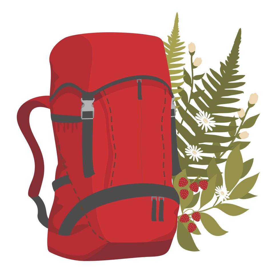 Red tourist backpack with forest herbs and wild strawberries. vector