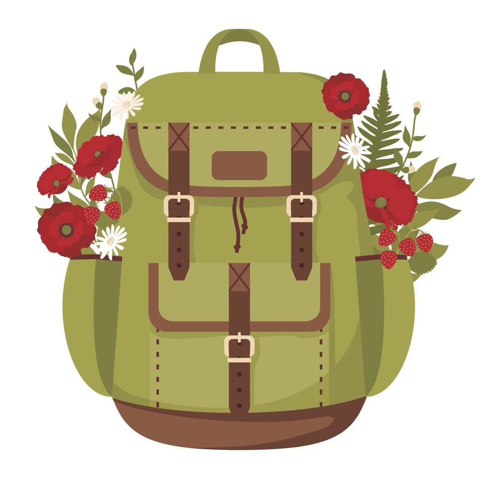 mochila de senderismo con flores y fresas silvestres en los bolsillos. vector