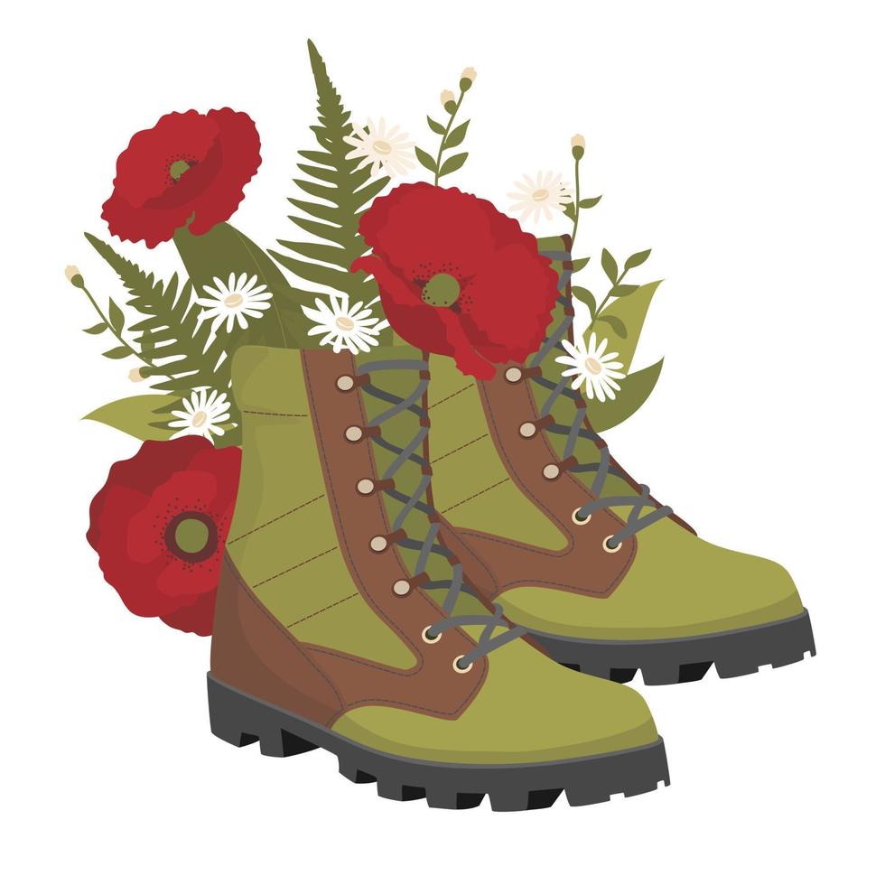 botas de montaña con un ramo floral de amapolas y margaritas. vector