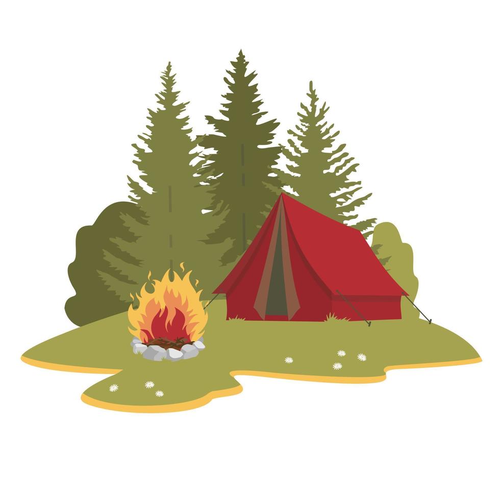 paisaje forestal con una carpa y una fogata. vector