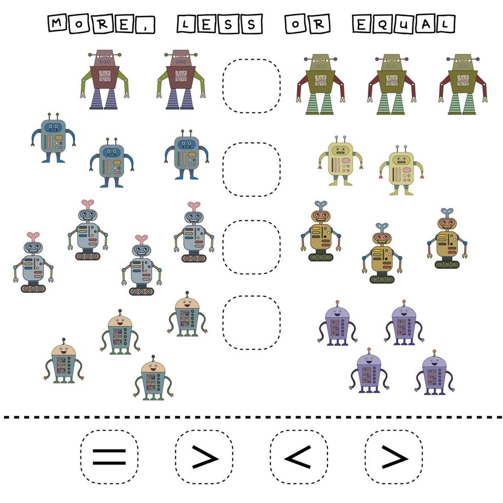 Count the number of cartoon colored  robots and compare. Educational math game for children. vector