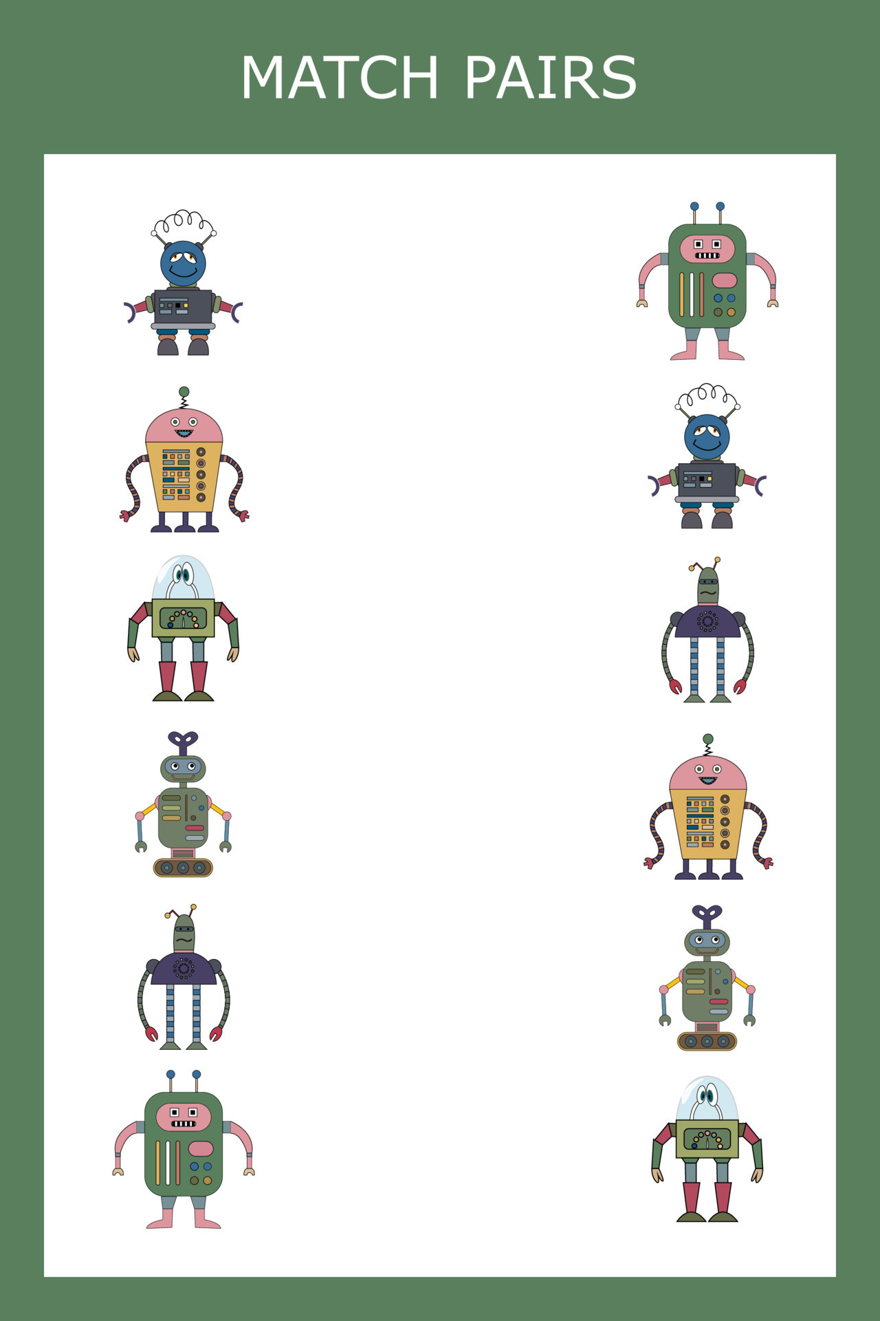 Find a pair or match game with robots. Worksheet for preschool kids