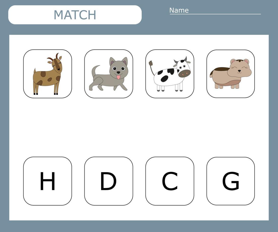 Find the first letter of the pets and connect. Educational game for children. vector