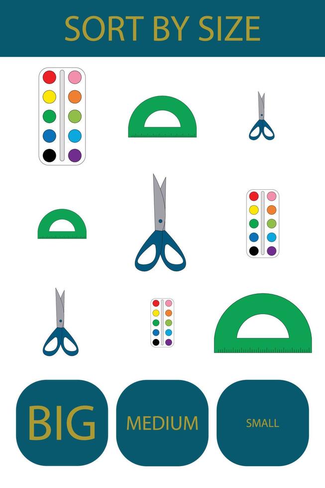 Sort  school supplies  into lbig, arge and small. An example of the opposite word antonym for a child vector