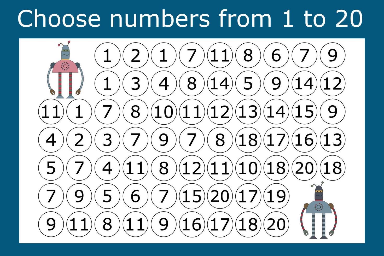 The task is to go through a maze of numbers from 1 to 20. Educational exercises for preschool children vector
