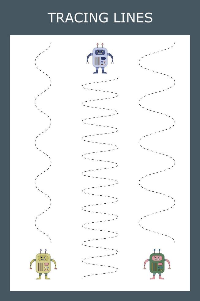 Tracing lines game with robots. Worksheet for preschool kids, kids activity sheet, printable worksheet vector