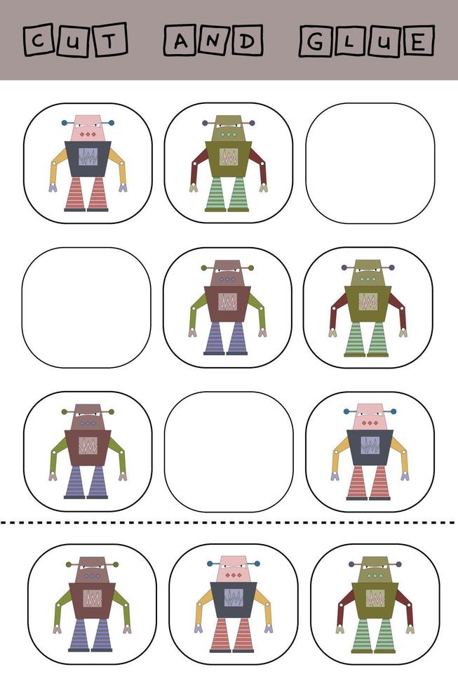 worksheet vector design, the task is to cut and glue a piece on colorful   robots.   Logic game for children.