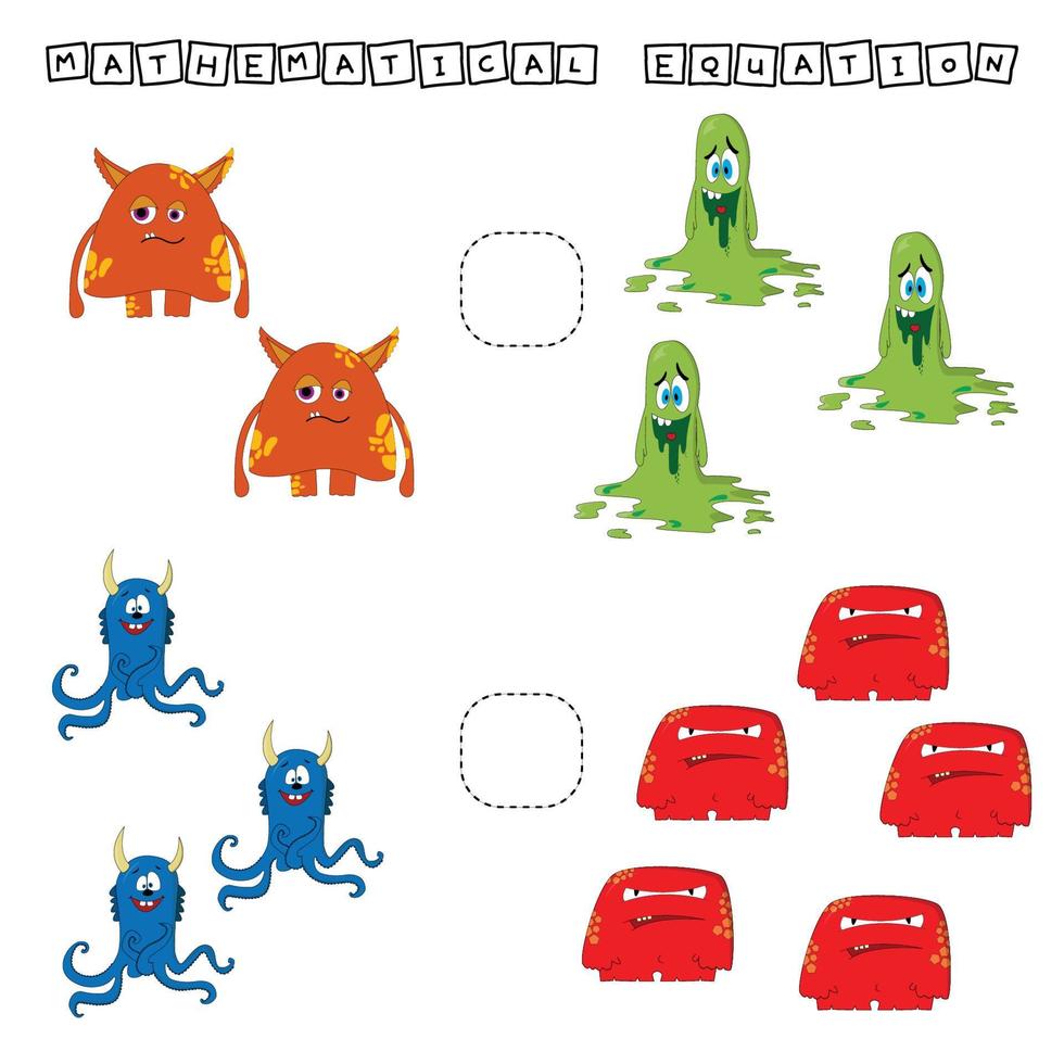 Developing activities for children, compare which more monsters.  Logic game for children, mathematical inequalities. vector