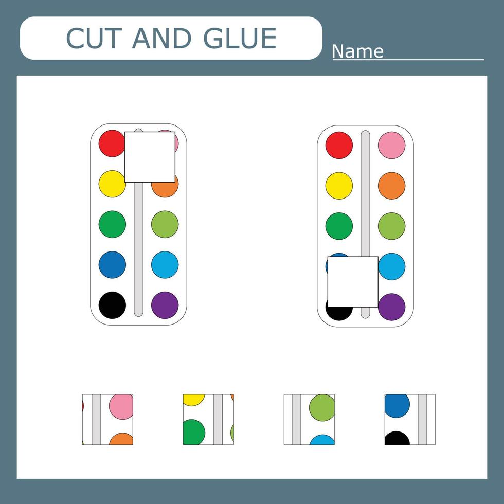 worksheet vector design, the task is to cut and glue a piece on  watercolor.  Logic game for children.