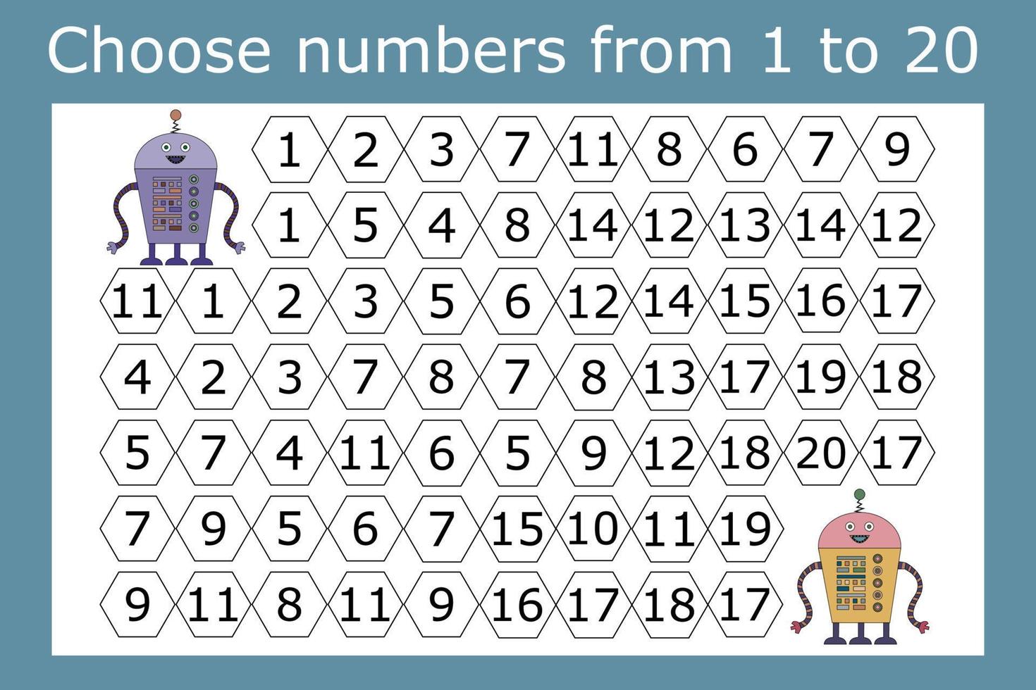 The task is to go through a maze of numbers from 1 to 20. Educational exercises for preschool children vector