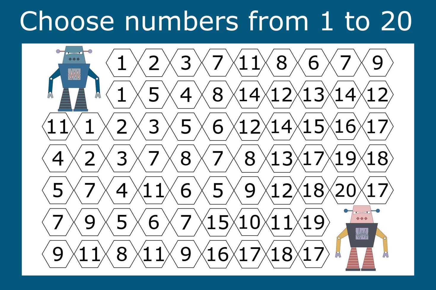 The task is to go through a maze of numbers from 1 to 20. Educational exercises for preschool children vector