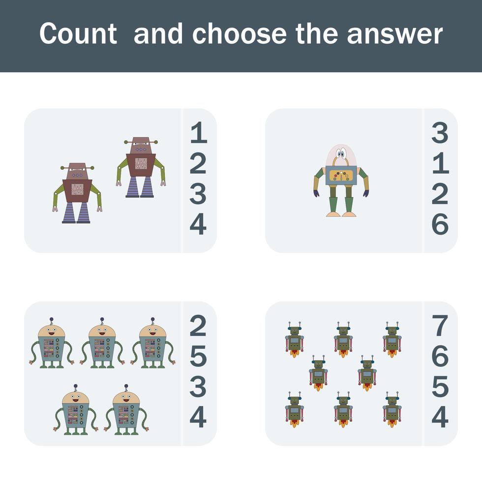 Counting Game for Preschool Children.  Count how many  robots vector