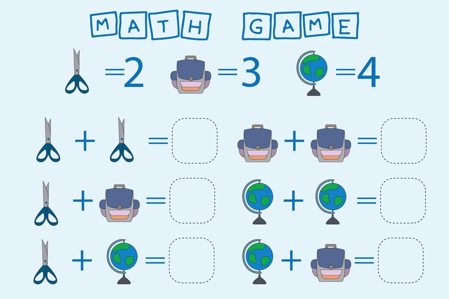 diseño de vector de hoja de trabajo, tarea para calcular la respuesta y conectarse al número correcto. juego de lógica para niños.