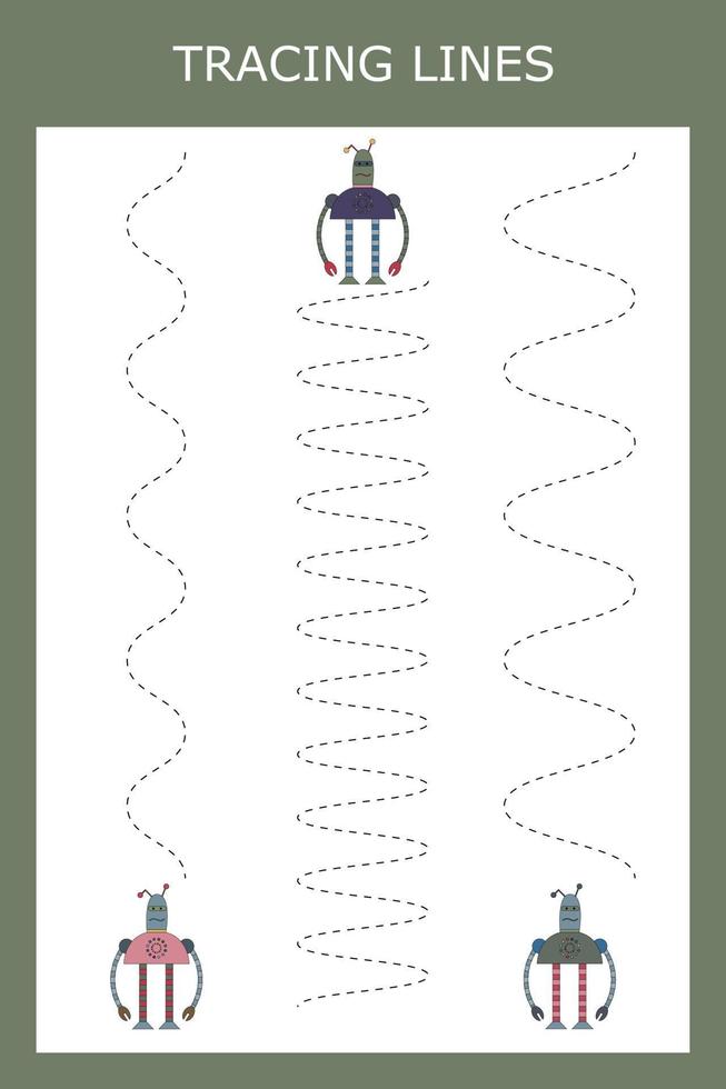 Tracing lines game with robots. Worksheet for preschool kids, kids activity sheet, printable worksheet vector