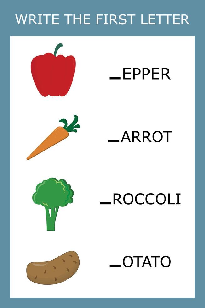 Write  the first letter, a game for kids to learn the alphabet. Worksheet for printing. Educational game for children. vector