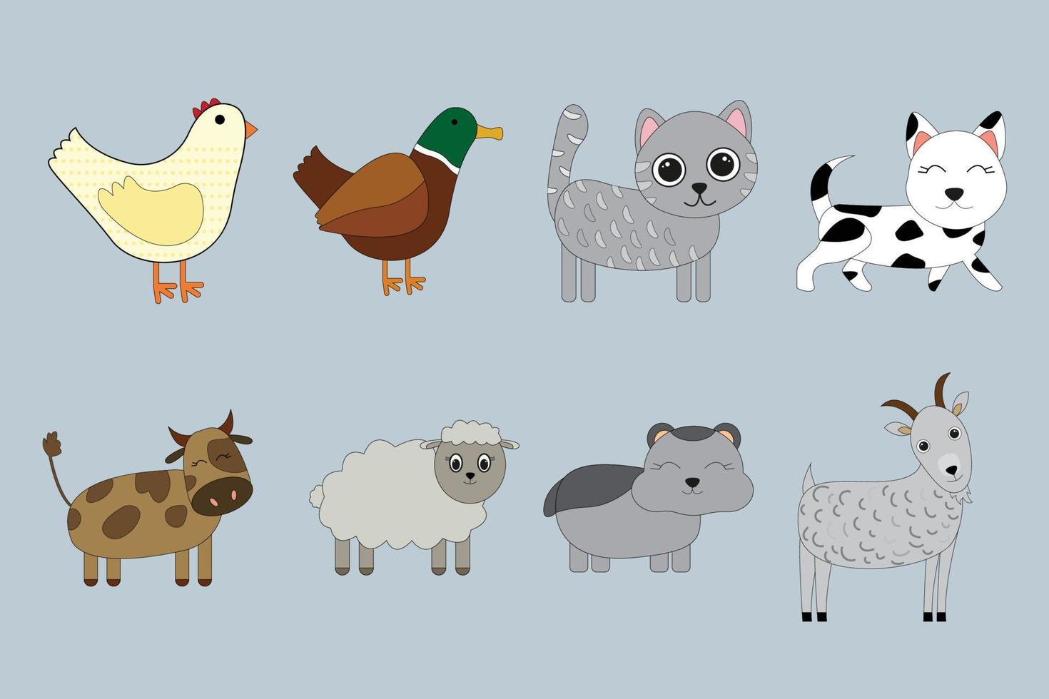 lindas mascotas de dibujos animados. conjunto de perro, gato, vaca, oveja, pollo, pato, cabra, hámster vector