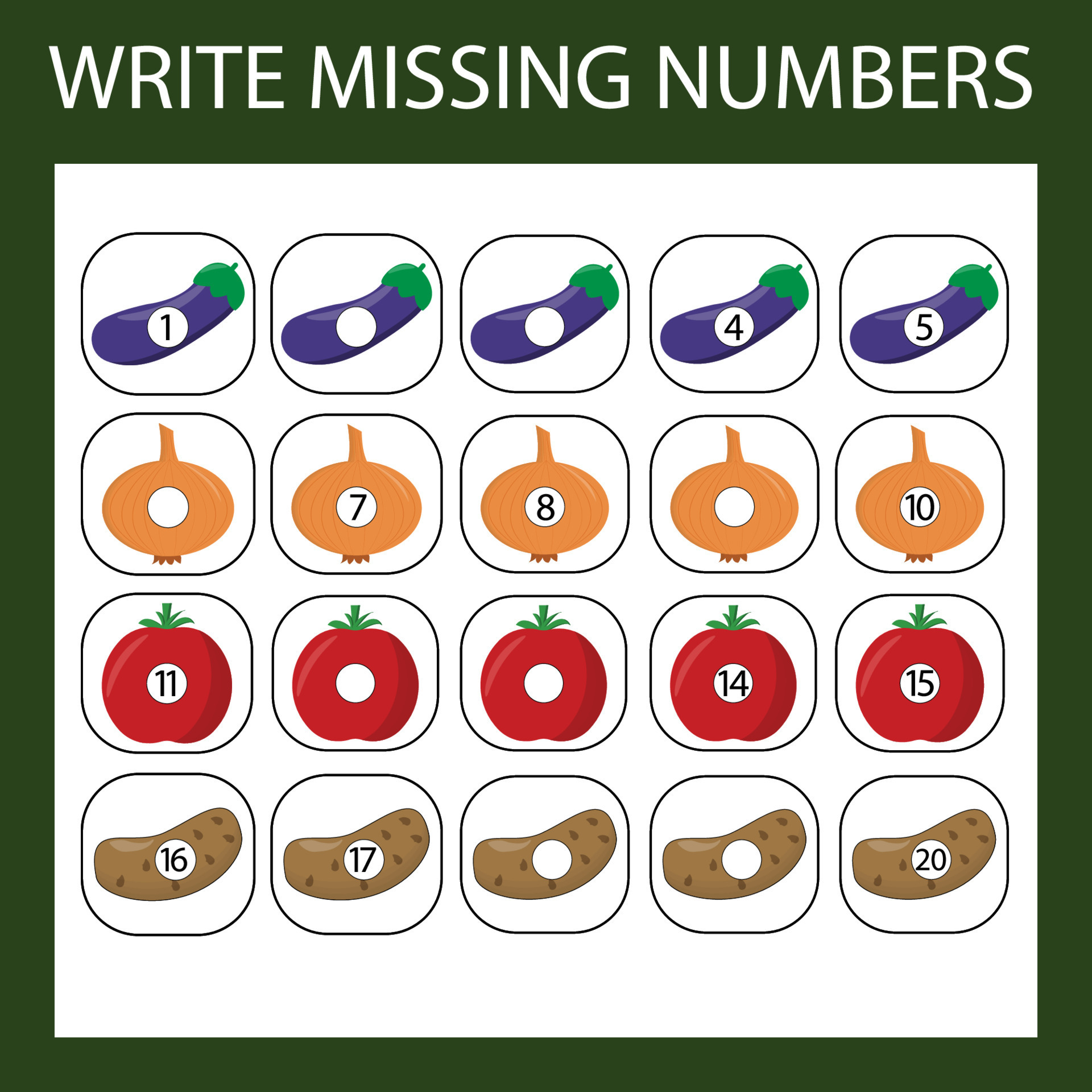 The task is to write in the lost numbers from 1 to 20. Educational ...