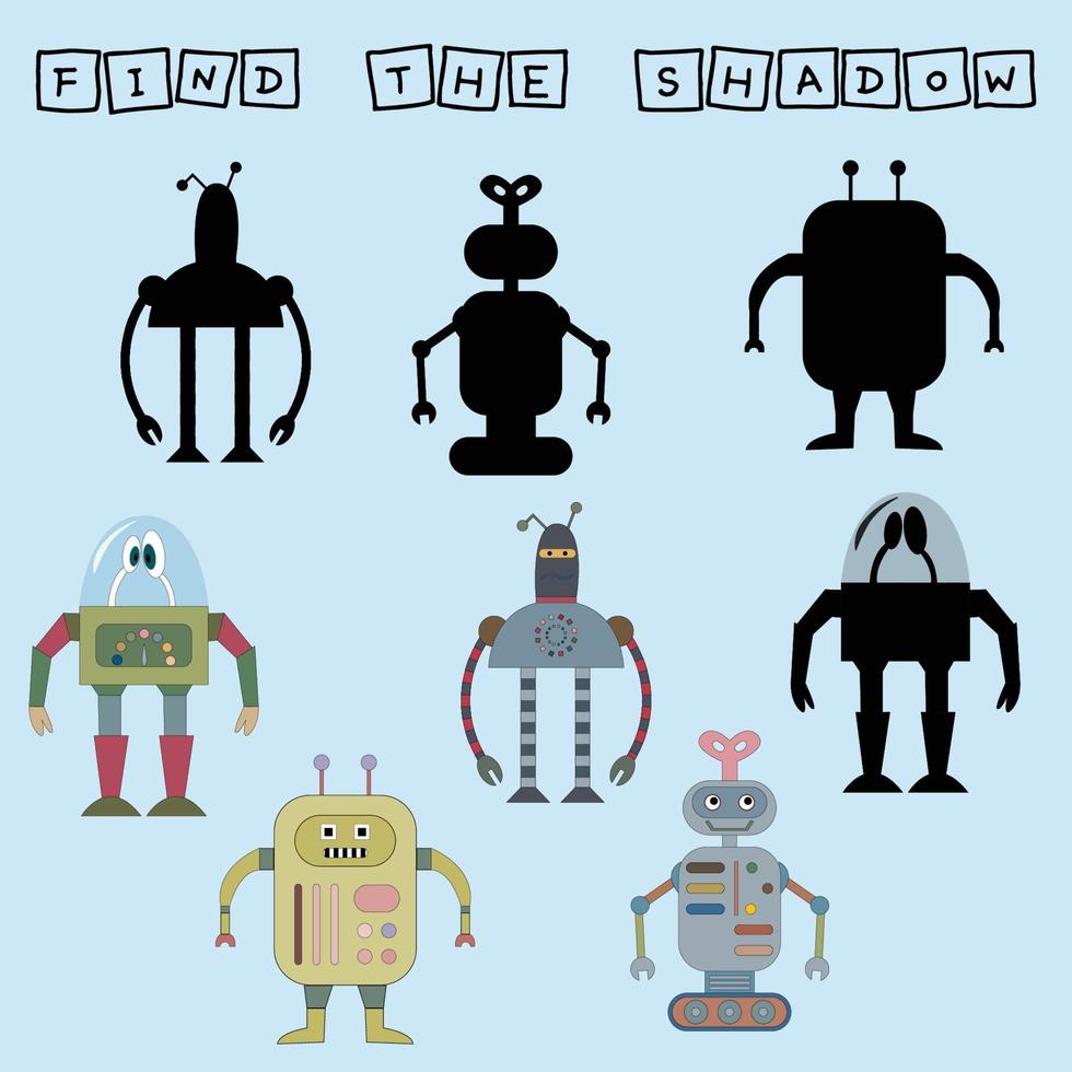 Find a pair or shadow  game with robots.  Worksheet for preschool kids, kids activity sheet, printable worksheet vector
