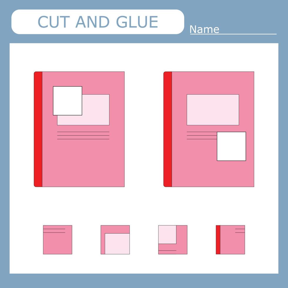 worksheet vector design, the task is to cut and glue a piece on  notebook.  Logic game for children.