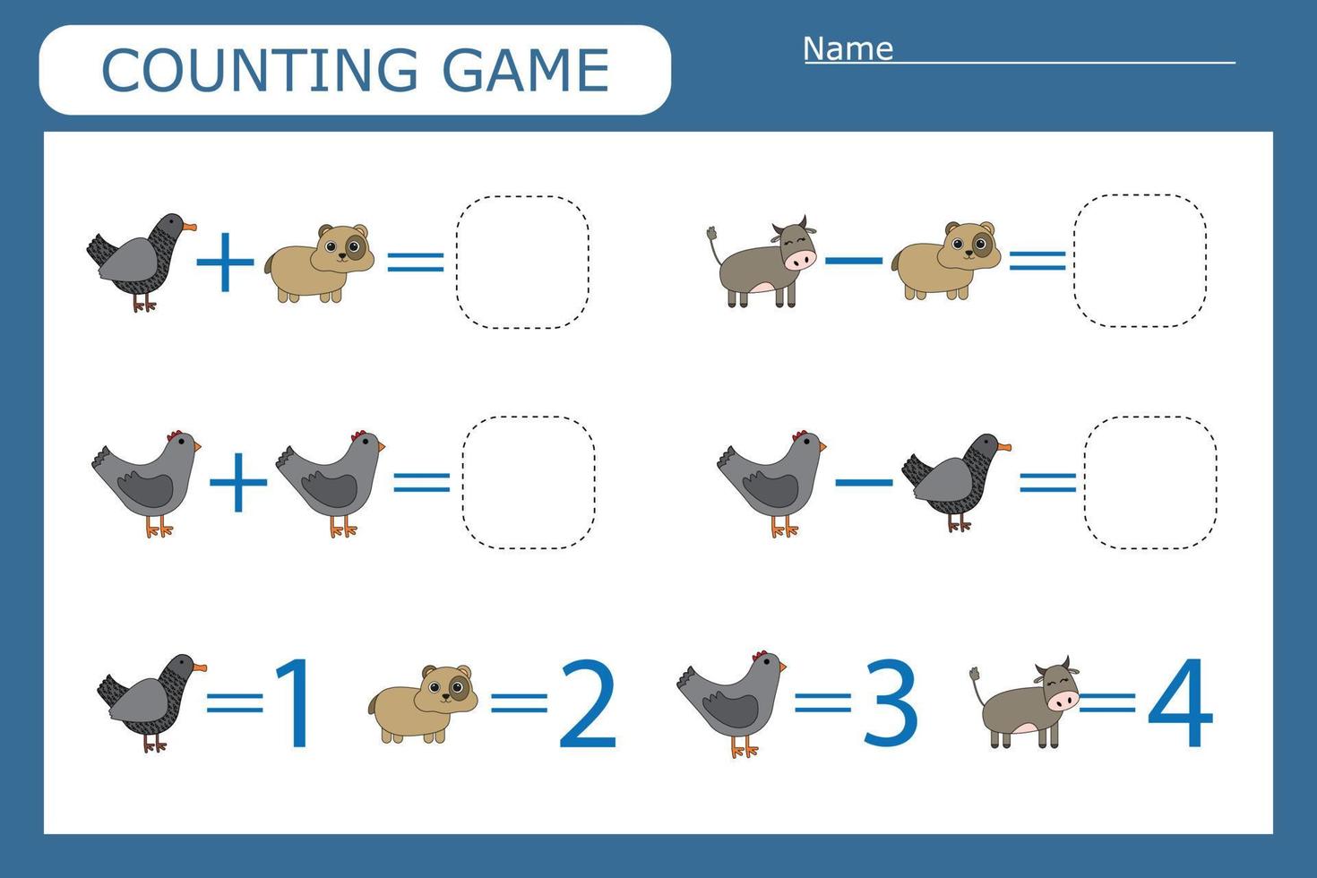 counting game with funny pets. Preschool worksheet, kids activity sheet, printable worksheet vector