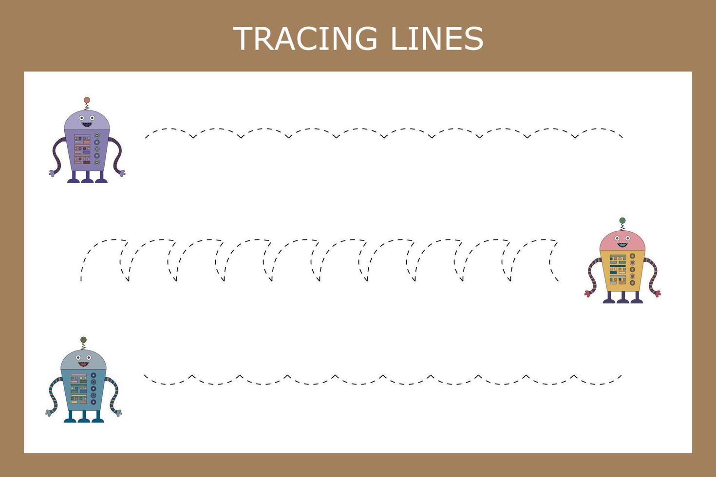 Trace line worksheet with robots for kids, practicing fine motor skills.  Educational game for preschool children. vector