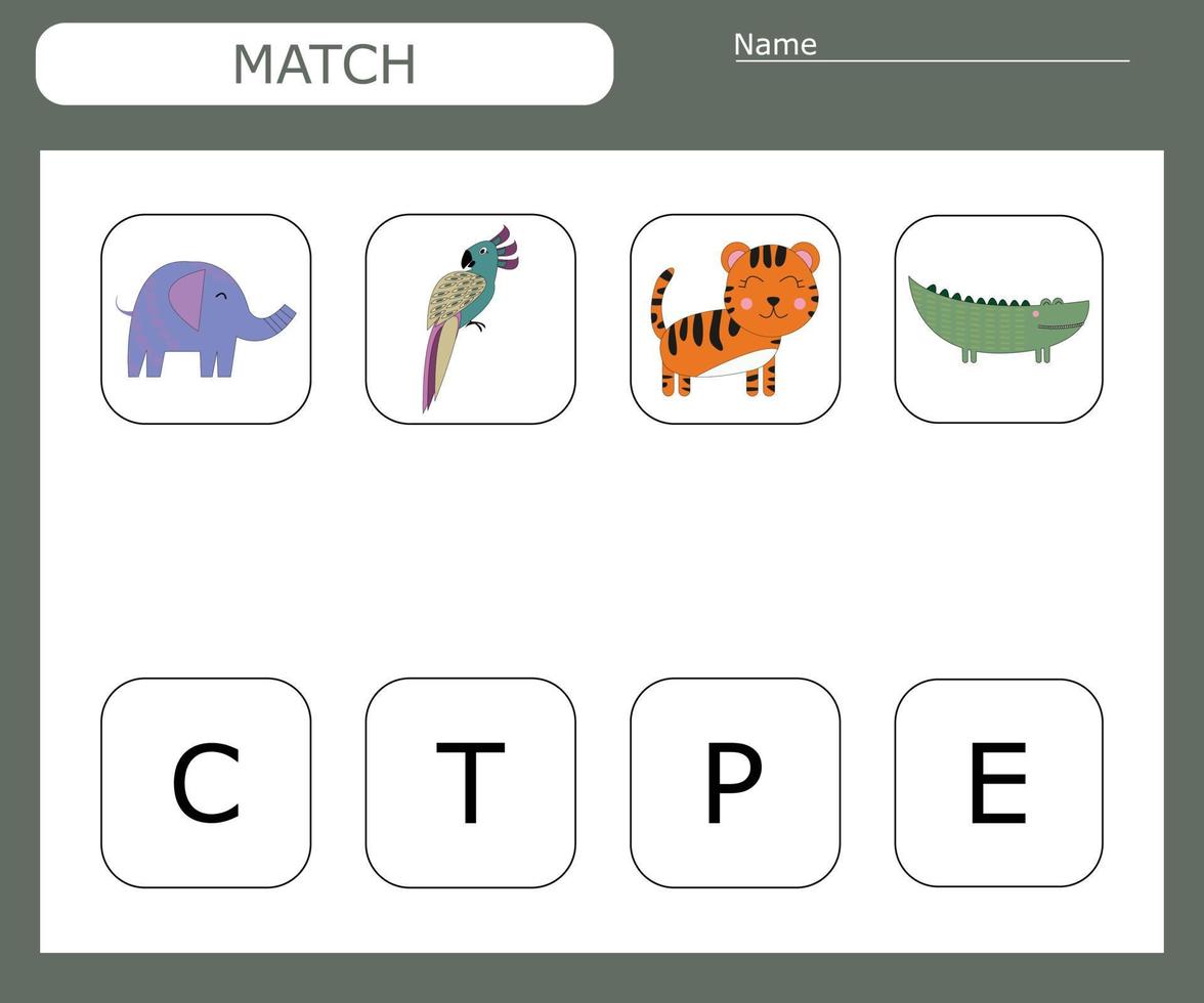 Find the first letter of the animals and connect. Educational game for children. vector