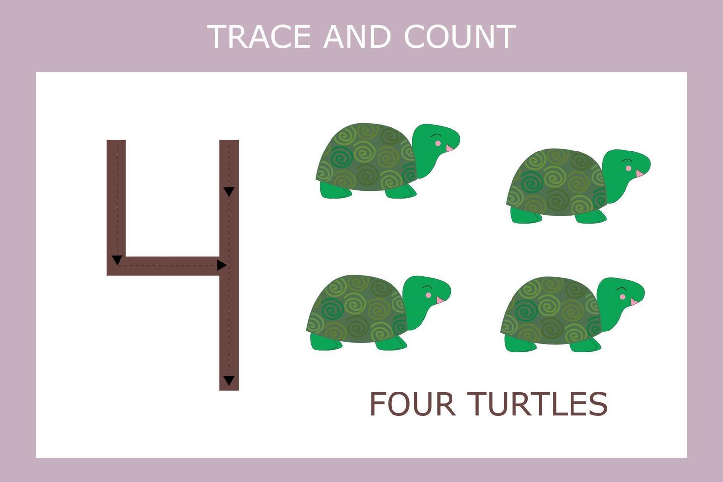 Number four stroke worksheet with turtles  for fine motor skills kids. Educational game for preschoolers. vector