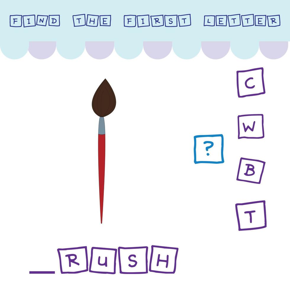 Find the first letter of the word BRUSH and connect. Educational game for children. vector