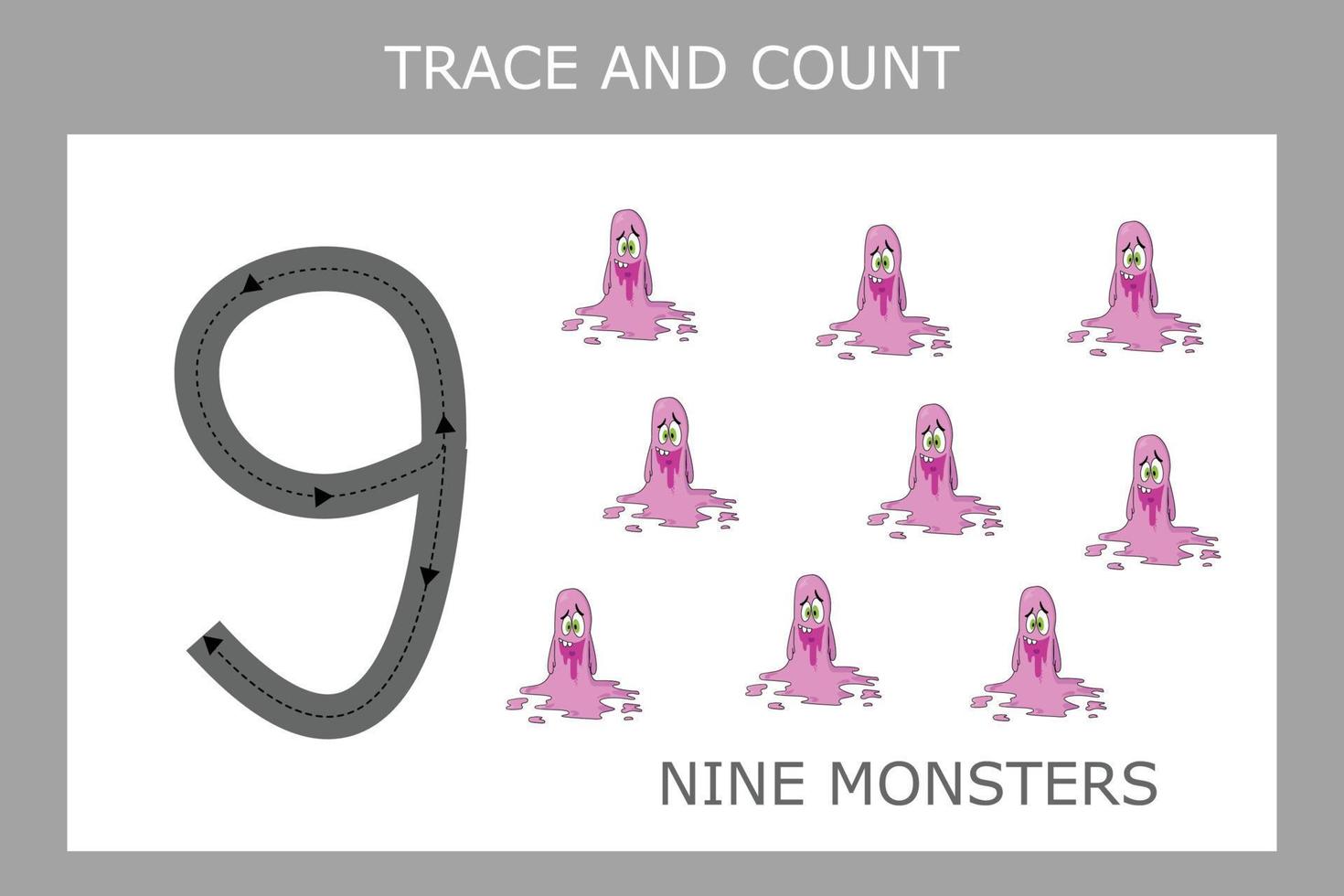 Numbers for kids. Worksheet for kindergarten and preschool. Training to write and count numbers with funny monsters vector