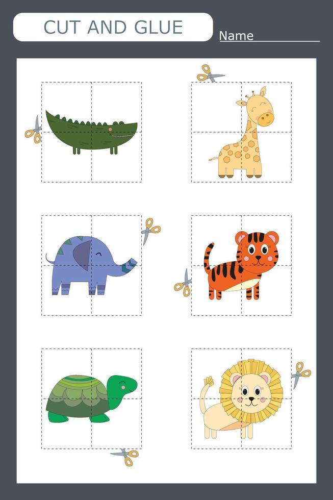 worksheet vector design, the task is to cut and glue a piece on colorful  animals.  Logic game for children.
