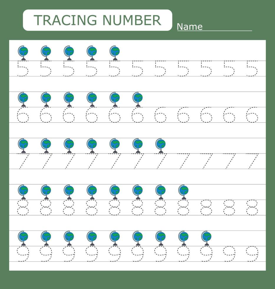 Numbers for kids. Worksheet for kindergarten and preschool. Training to write and count numbers with globe vector