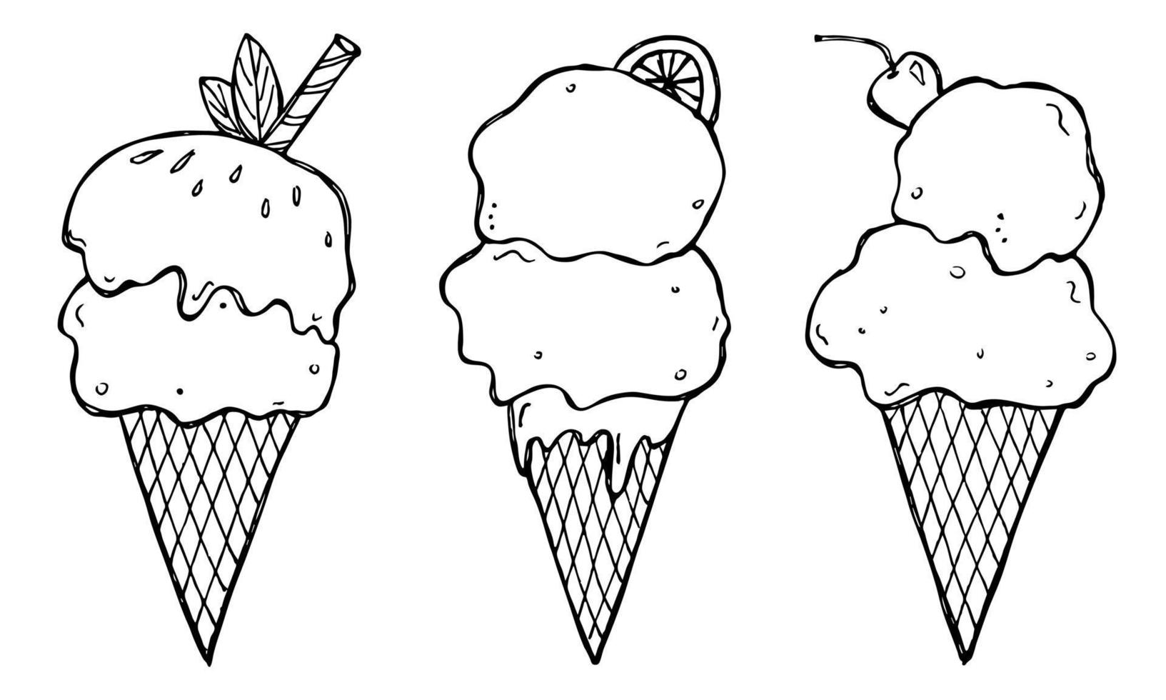conjunto de vectores de ilustración de helado dibujado a mano. lindas imágenes prediseñadas de postre. para impresión, web, diseño, decoración, logotipo.