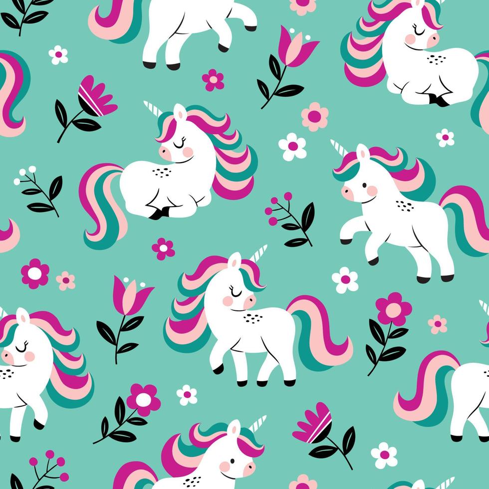 Hand drawn seamless vector pattern with cute baby unicorns