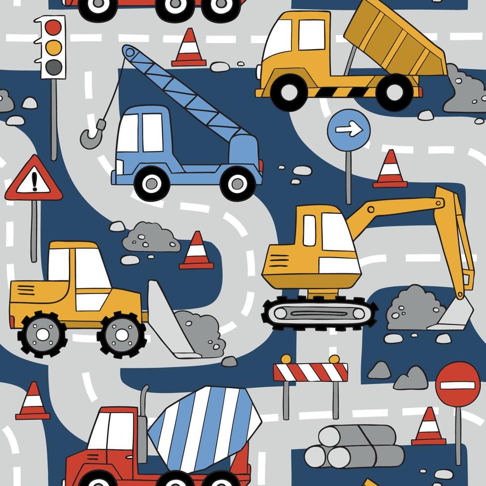 Hand drawn construction cars seamless vector pattern