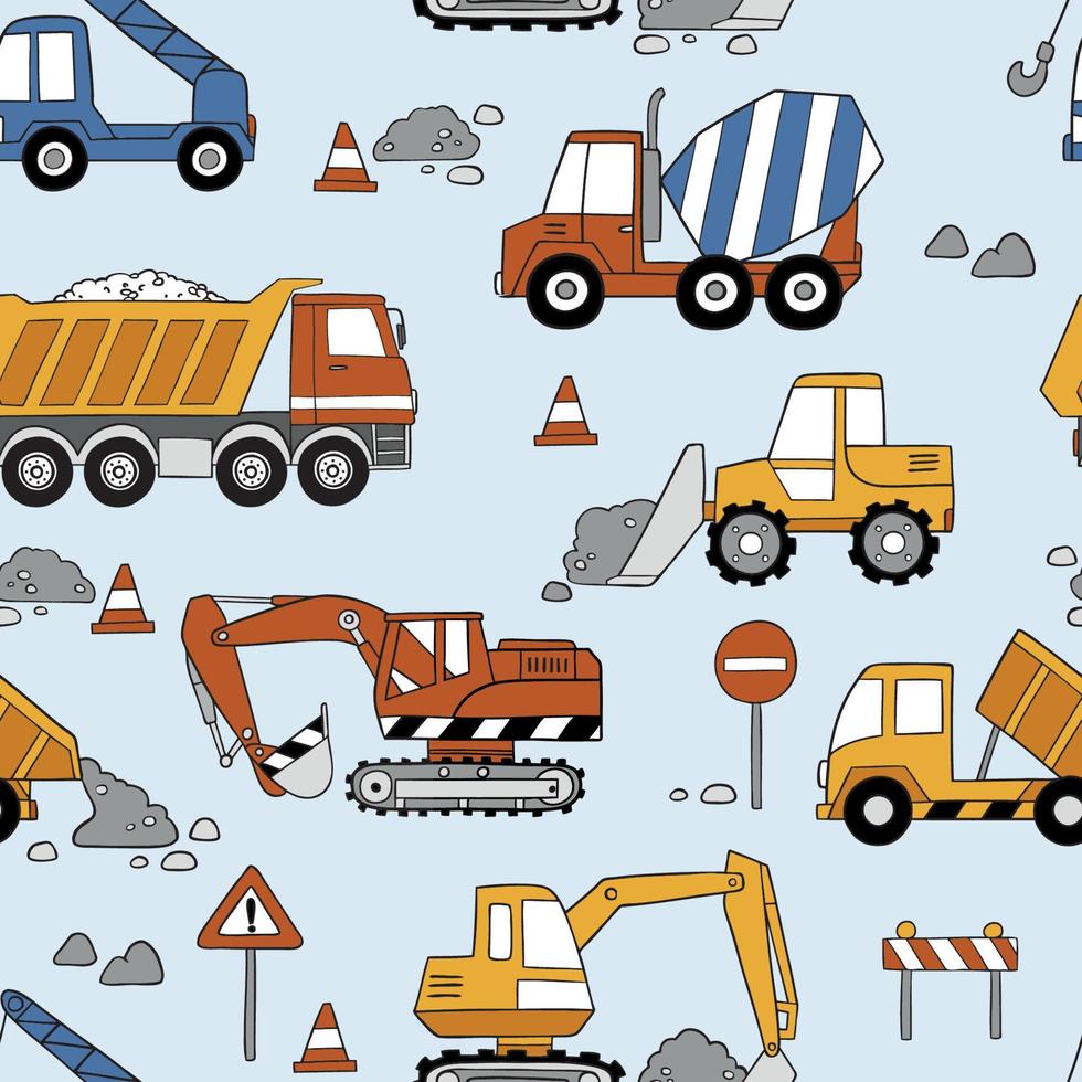 Hand drawn construction cars seamless vector pattern