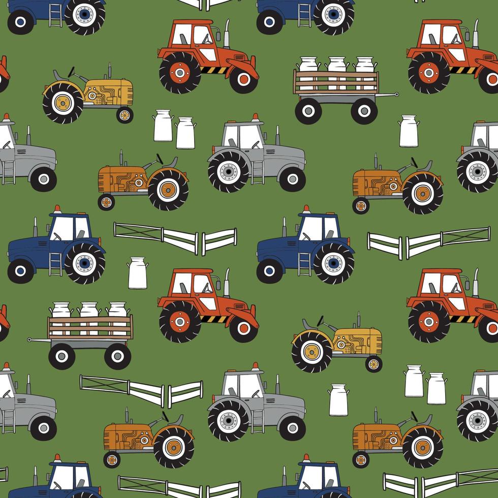 Hand drawn tractors seamless vector pattern