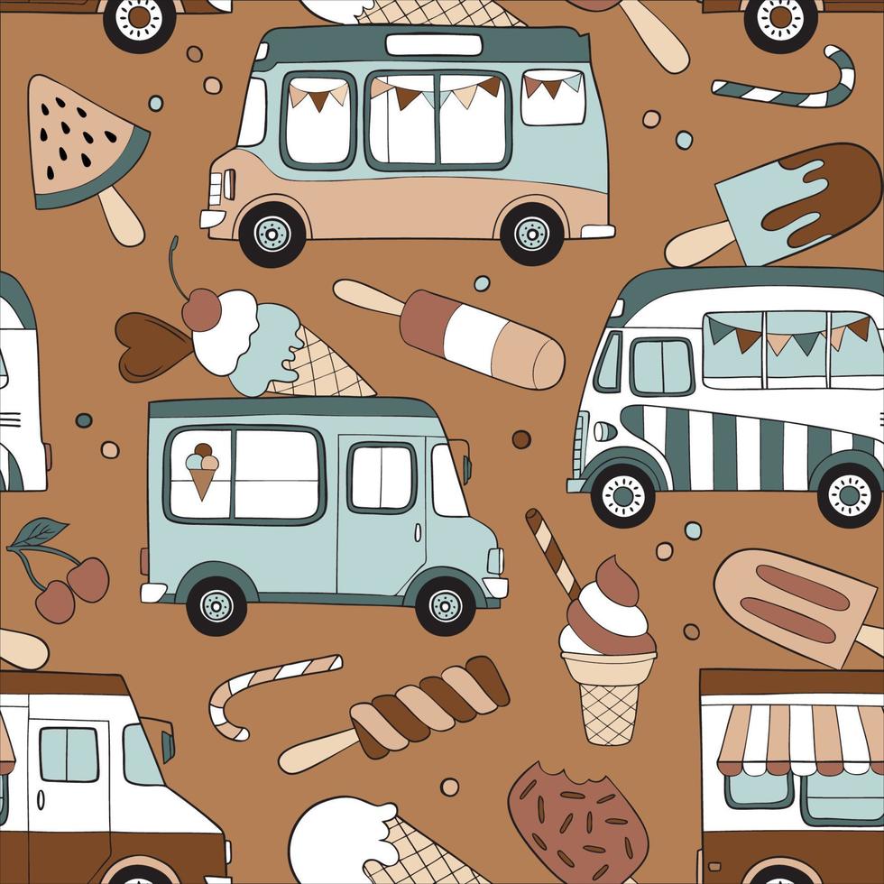 Hand drawn vintage ice cream trucks and ice creams seamless vector pattern