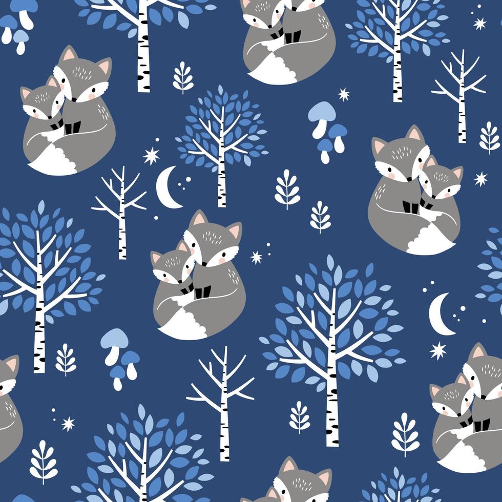 Seamless pattern with hand drawn fox family, cute baby fox and trees. Woodland nursery illustration. Perfect for textile, wallpaper or print design. vector