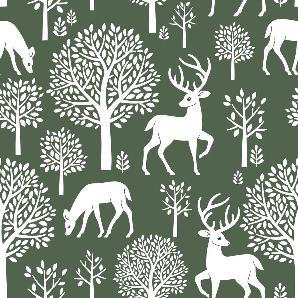 Seamless pattern with deer, fawn, trees and leaves. Scandinavian woodland illustration. Perfect for textile, wallpaper or print design. vector