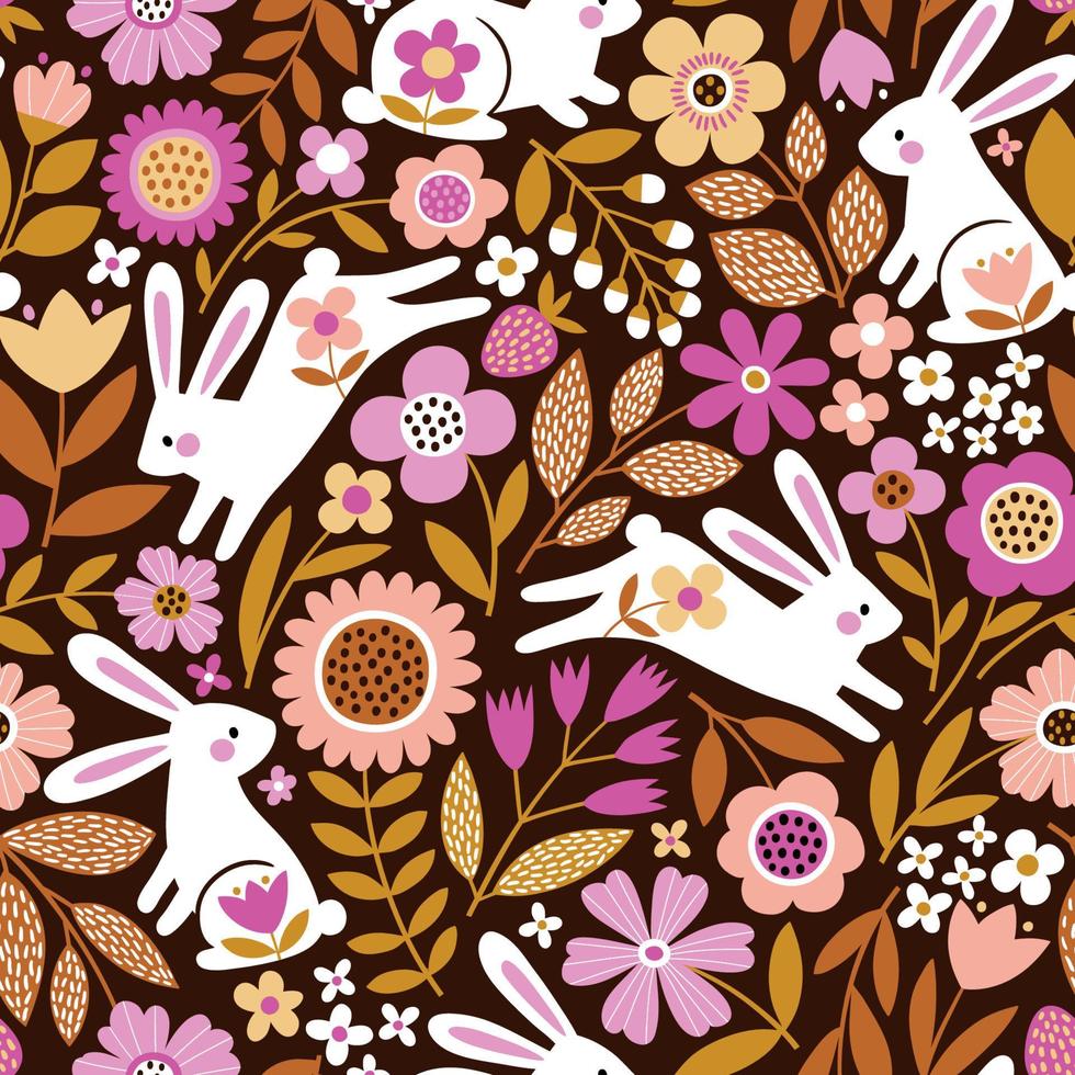 Seamless vector pattern with cute, white rabbits on floral background