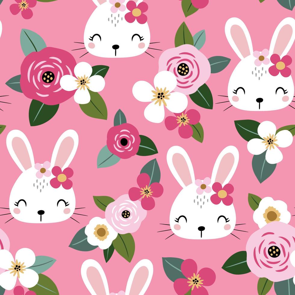 Seamless vector pattern with cute, white rabbits on floral background