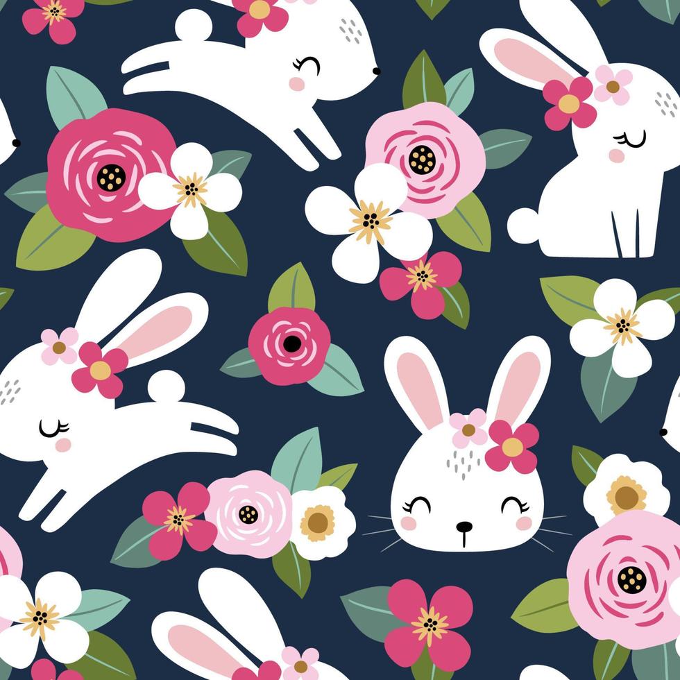 Seamless vector pattern with cute white rabbits on floral background