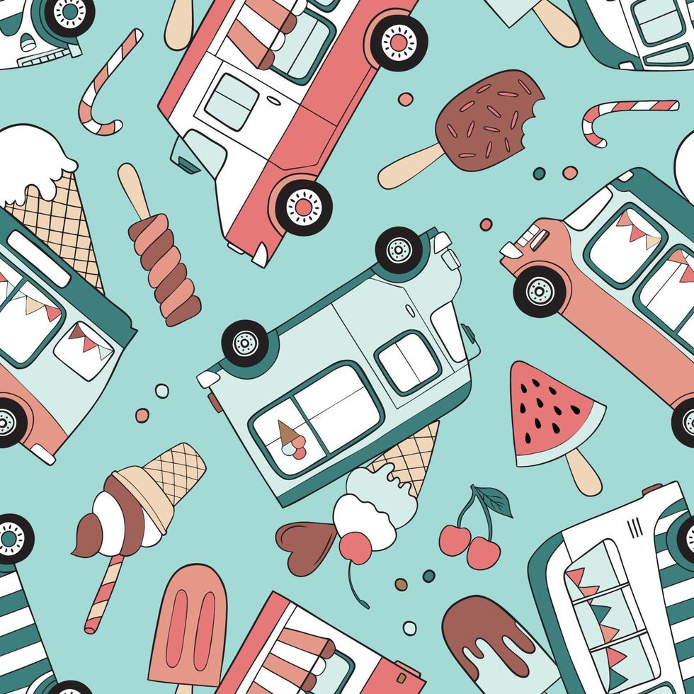 Hand drawn vintage ice cream trucks and ice creams seamless vector pattern